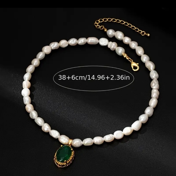 Natural Irregular Freshwater Pearl Necklace & Green Crystal Pendant Gold Plated. - Picture 7 of 7